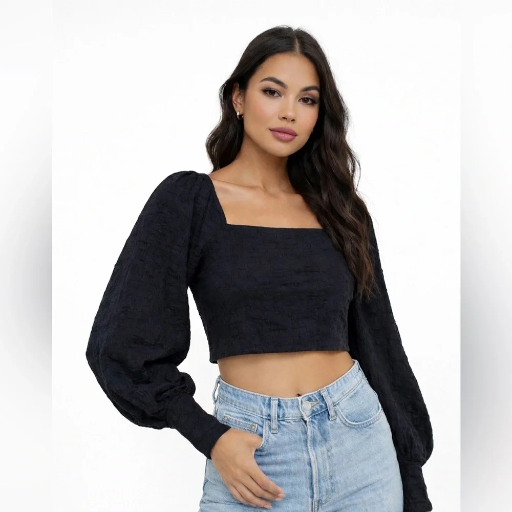 Free People Black Square-Neck Puff Sleeve Crop Top